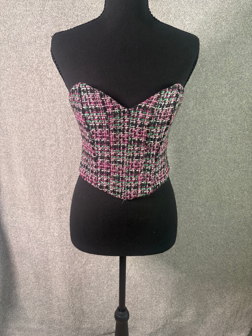 Zara Tweed Corset Bustier XS Pink Green Gothic Punk Y2K